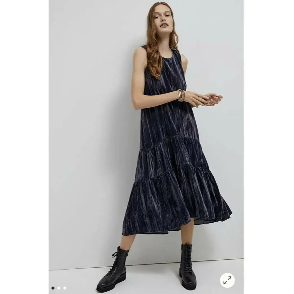 NWT Anthropologie Addison Tiered Velvet Midi Dress 4 HTF Dark Gray/Purple